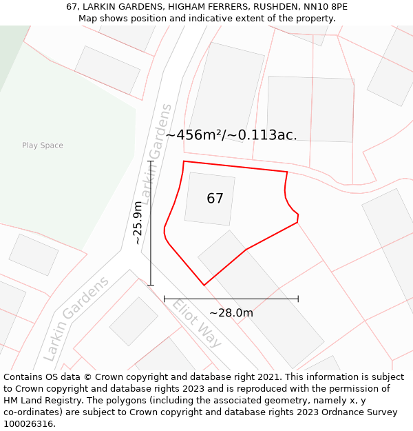 67, LARKIN GARDENS, HIGHAM FERRERS, RUSHDEN, NN10 8PE: Plot and title map