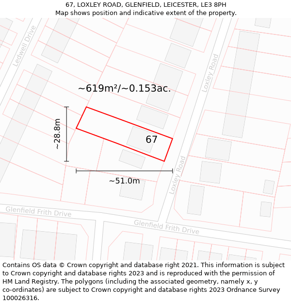 67, LOXLEY ROAD, GLENFIELD, LEICESTER, LE3 8PH: Plot and title map