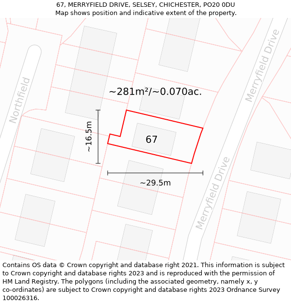 67, MERRYFIELD DRIVE, SELSEY, CHICHESTER, PO20 0DU: Plot and title map