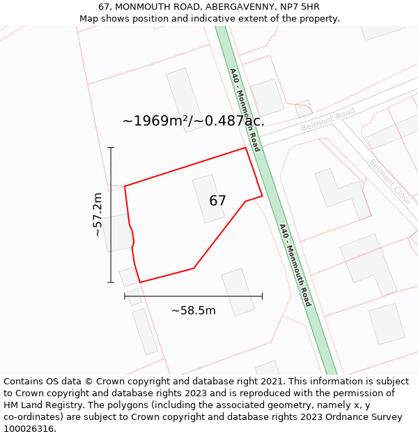 67, MONMOUTH ROAD, ABERGAVENNY, NP7 5HR: Plot and title map