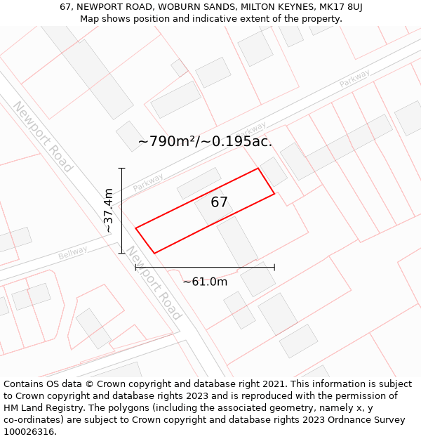 67, NEWPORT ROAD, WOBURN SANDS, MILTON KEYNES, MK17 8UJ: Plot and title map