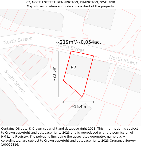 67, NORTH STREET, PENNINGTON, LYMINGTON, SO41 8GB: Plot and title map