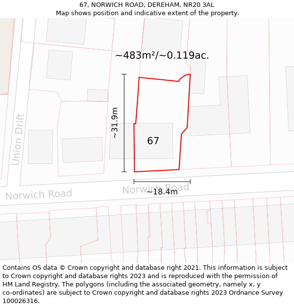 67, NORWICH ROAD, DEREHAM, NR20 3AL: Plot and title map