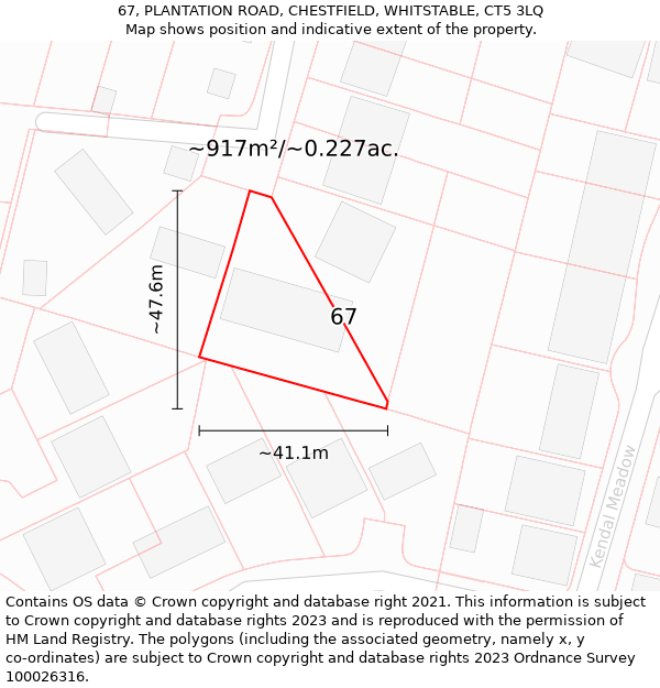 67, PLANTATION ROAD, CHESTFIELD, WHITSTABLE, CT5 3LQ: Plot and title map