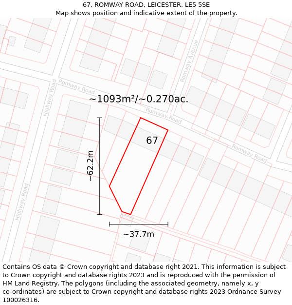 67, ROMWAY ROAD, LEICESTER, LE5 5SE: Plot and title map