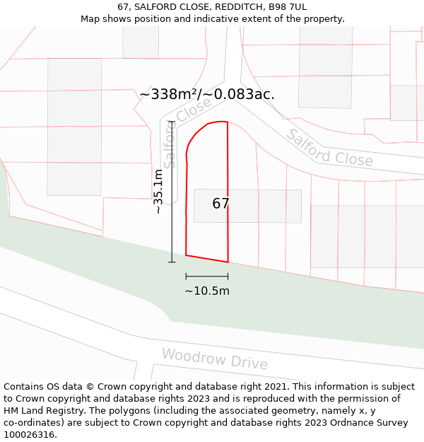 67, SALFORD CLOSE, REDDITCH, B98 7UL: Plot and title map