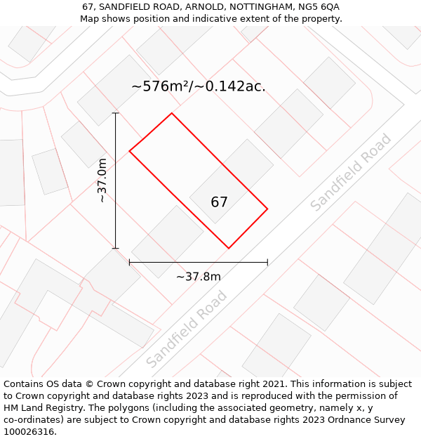 67, SANDFIELD ROAD, ARNOLD, NOTTINGHAM, NG5 6QA: Plot and title map