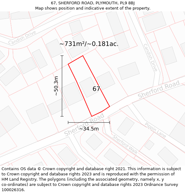 67, SHERFORD ROAD, PLYMOUTH, PL9 8BJ: Plot and title map