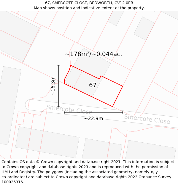 67, SMERCOTE CLOSE, BEDWORTH, CV12 0EB: Plot and title map