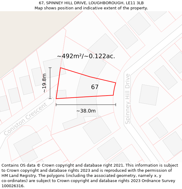 67, SPINNEY HILL DRIVE, LOUGHBOROUGH, LE11 3LB: Plot and title map