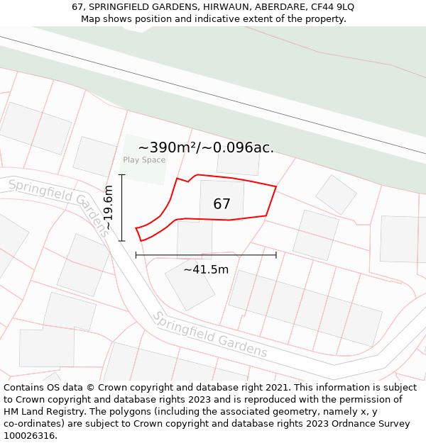 67, SPRINGFIELD GARDENS, HIRWAUN, ABERDARE, CF44 9LQ: Plot and title map