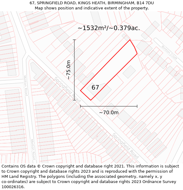 67, SPRINGFIELD ROAD, KINGS HEATH, BIRMINGHAM, B14 7DU: Plot and title map