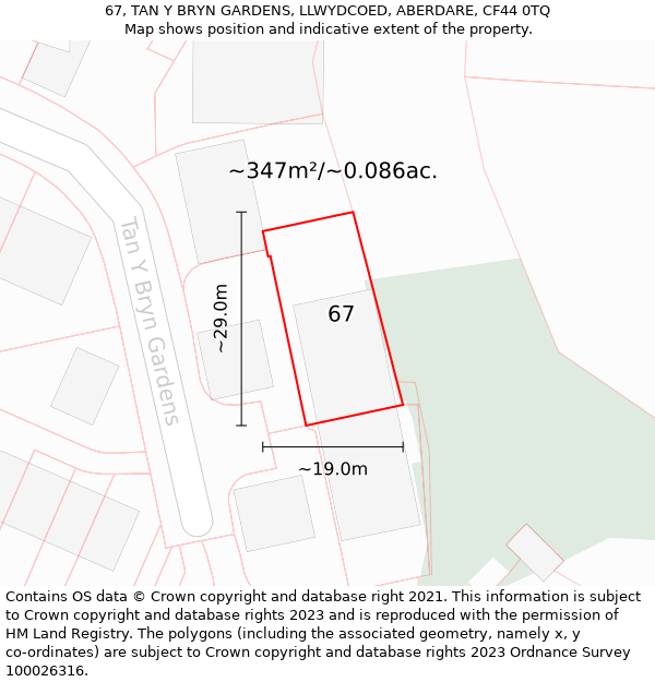 67, TAN Y BRYN GARDENS, LLWYDCOED, ABERDARE, CF44 0TQ: Plot and title map