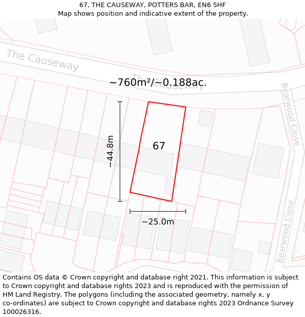 67, THE CAUSEWAY, POTTERS BAR, EN6 5HF: Plot and title map