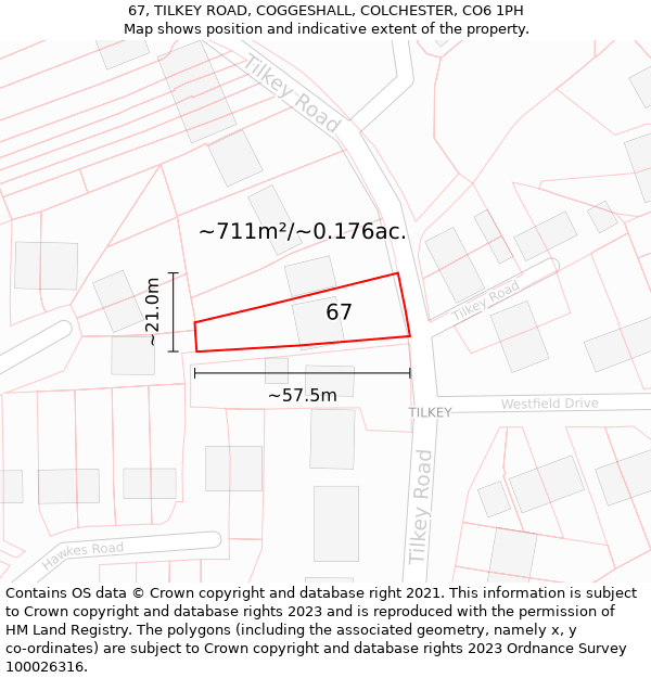 67, TILKEY ROAD, COGGESHALL, COLCHESTER, CO6 1PH: Plot and title map