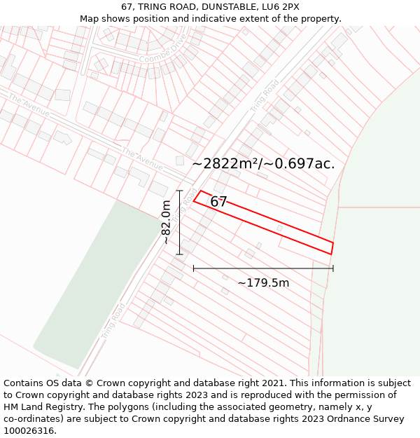 67, TRING ROAD, DUNSTABLE, LU6 2PX: Plot and title map