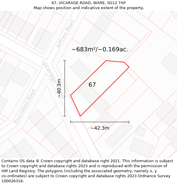 67, VICARAGE ROAD, WARE, SG12 7AP: Plot and title map