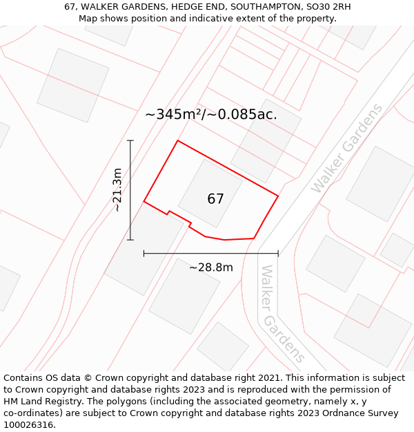 67, WALKER GARDENS, HEDGE END, SOUTHAMPTON, SO30 2RH: Plot and title map