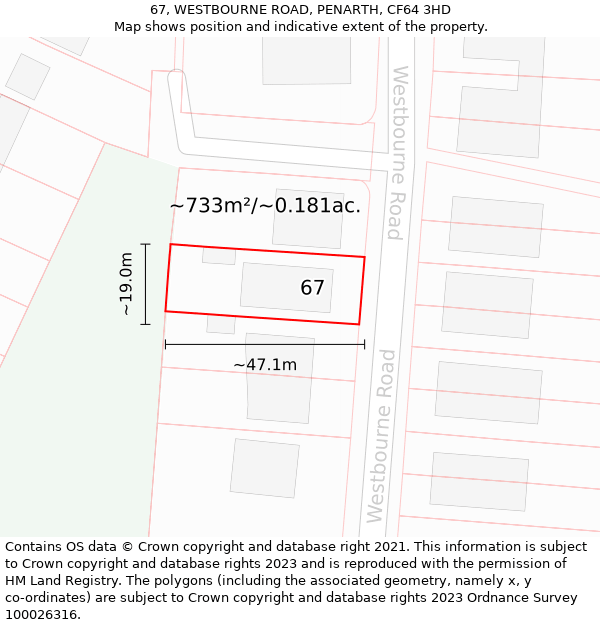 67, WESTBOURNE ROAD, PENARTH, CF64 3HD: Plot and title map