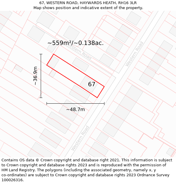 67, WESTERN ROAD, HAYWARDS HEATH, RH16 3LR: Plot and title map