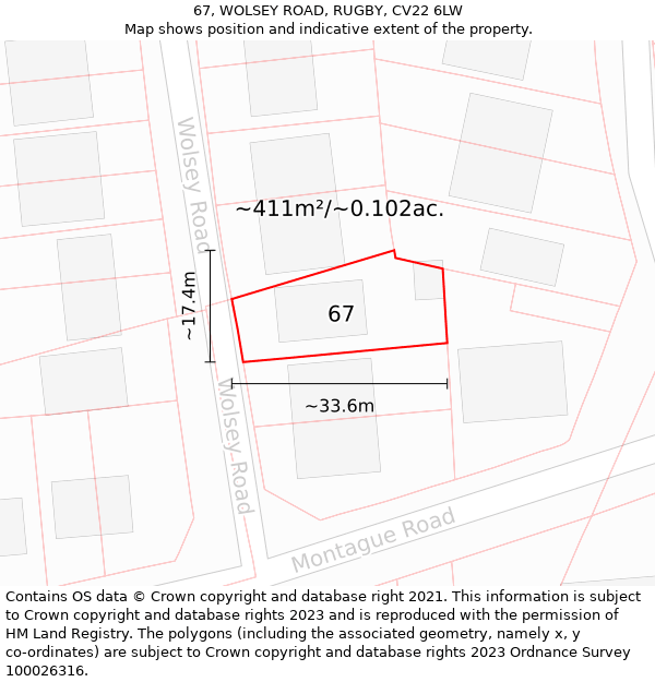 67, WOLSEY ROAD, RUGBY, CV22 6LW: Plot and title map