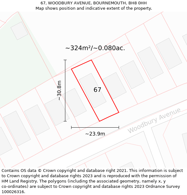 67, WOODBURY AVENUE, BOURNEMOUTH, BH8 0HH: Plot and title map