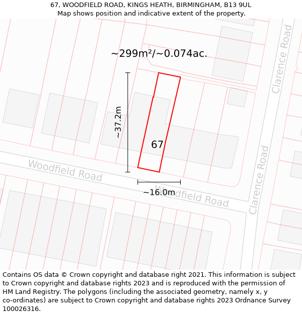 67, WOODFIELD ROAD, KINGS HEATH, BIRMINGHAM, B13 9UL: Plot and title map