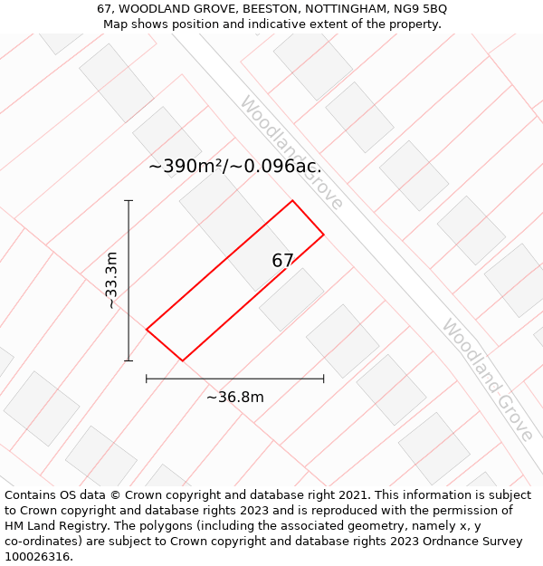 67, WOODLAND GROVE, BEESTON, NOTTINGHAM, NG9 5BQ: Plot and title map