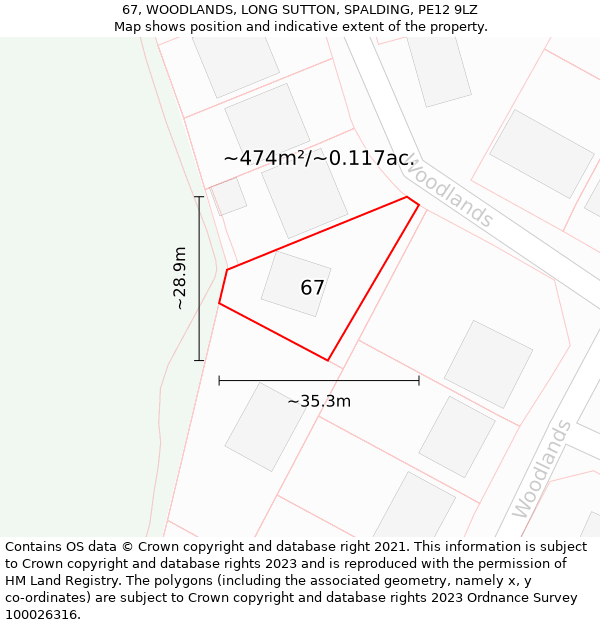 67, WOODLANDS, LONG SUTTON, SPALDING, PE12 9LZ: Plot and title map