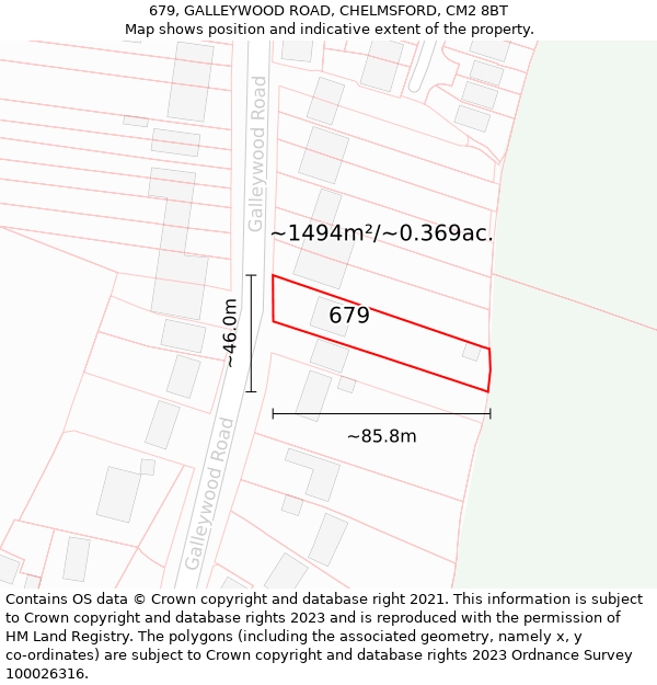 679, GALLEYWOOD ROAD, CHELMSFORD, CM2 8BT: Plot and title map