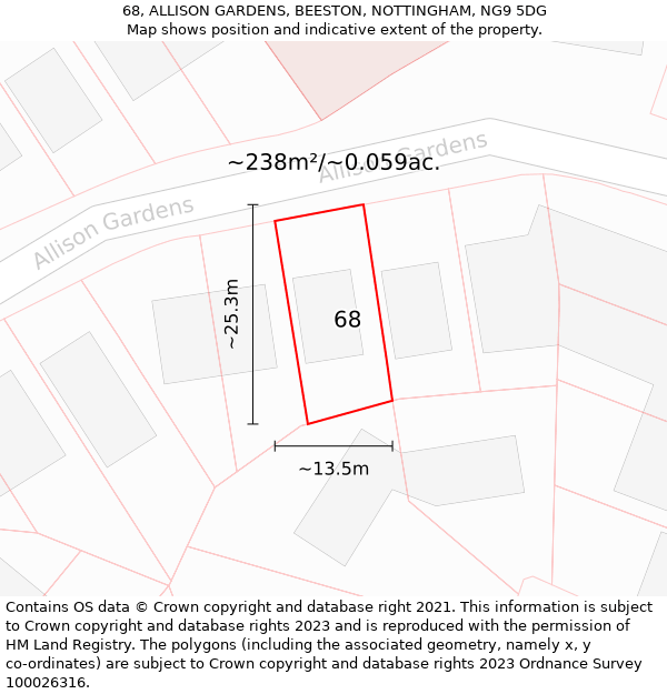 68, ALLISON GARDENS, BEESTON, NOTTINGHAM, NG9 5DG: Plot and title map