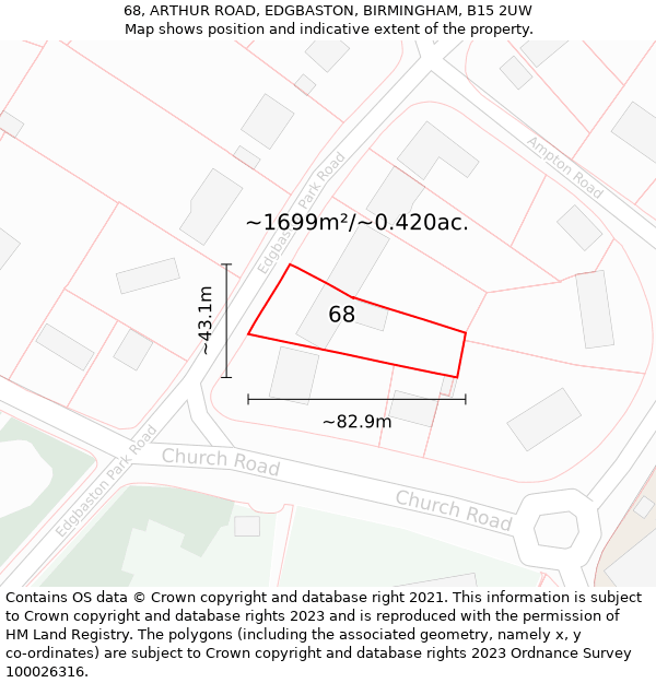 68, ARTHUR ROAD, EDGBASTON, BIRMINGHAM, B15 2UW: Plot and title map