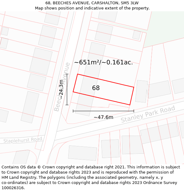 68, BEECHES AVENUE, CARSHALTON, SM5 3LW: Plot and title map