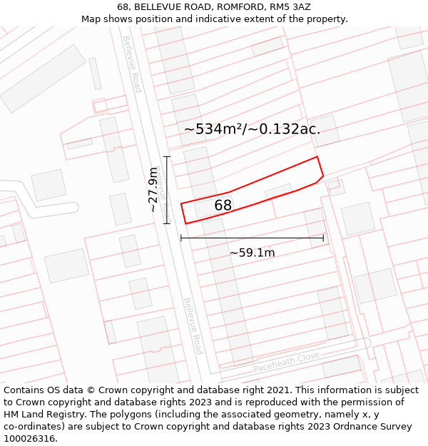 68, BELLEVUE ROAD, ROMFORD, RM5 3AZ: Plot and title map