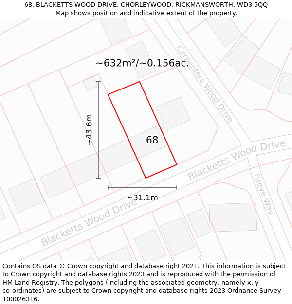 68, BLACKETTS WOOD DRIVE, CHORLEYWOOD, RICKMANSWORTH, WD3 5QQ: Plot and title map