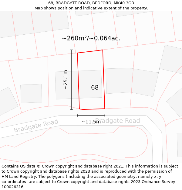 68, BRADGATE ROAD, BEDFORD, MK40 3GB: Plot and title map