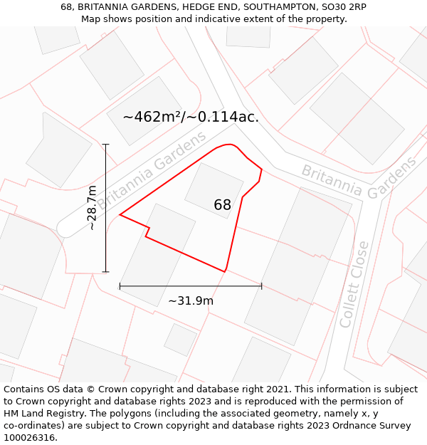 68, BRITANNIA GARDENS, HEDGE END, SOUTHAMPTON, SO30 2RP: Plot and title map