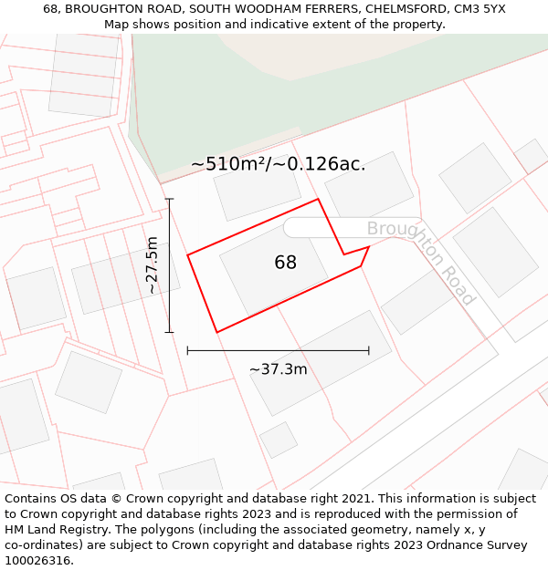 68, BROUGHTON ROAD, SOUTH WOODHAM FERRERS, CHELMSFORD, CM3 5YX: Plot and title map