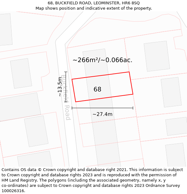 68, BUCKFIELD ROAD, LEOMINSTER, HR6 8SQ: Plot and title map