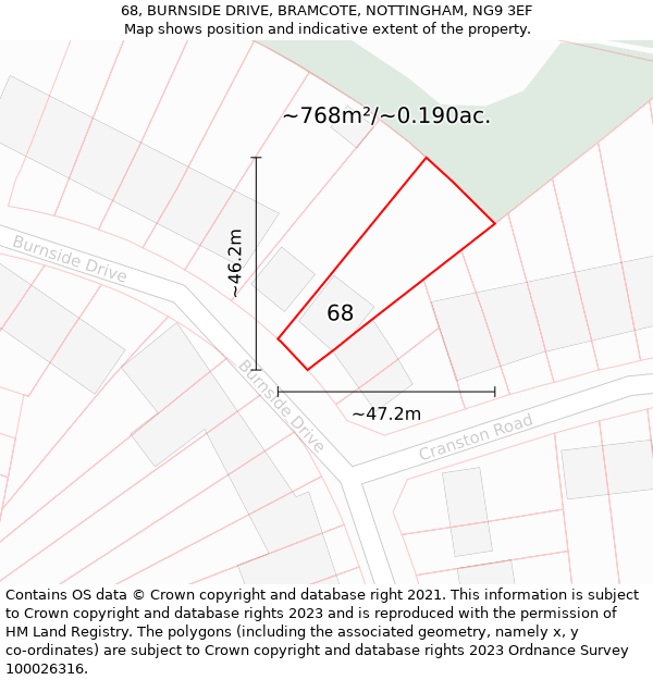 68, BURNSIDE DRIVE, BRAMCOTE, NOTTINGHAM, NG9 3EF: Plot and title map