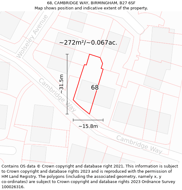 68, CAMBRIDGE WAY, BIRMINGHAM, B27 6SF: Plot and title map