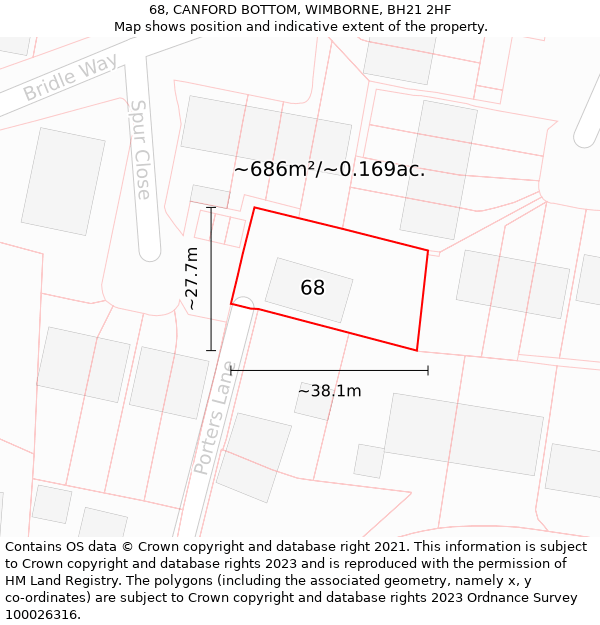 68, CANFORD BOTTOM, WIMBORNE, BH21 2HF: Plot and title map