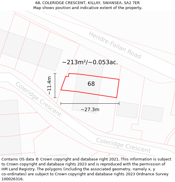 68, COLERIDGE CRESCENT, KILLAY, SWANSEA, SA2 7ER: Plot and title map