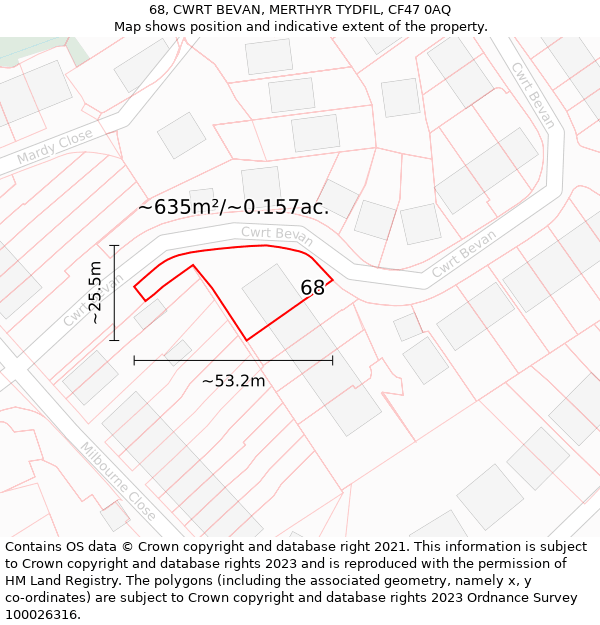 68, CWRT BEVAN, MERTHYR TYDFIL, CF47 0AQ: Plot and title map