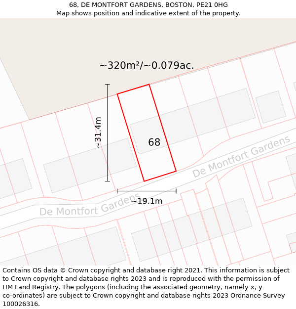 68, DE MONTFORT GARDENS, BOSTON, PE21 0HG: Plot and title map