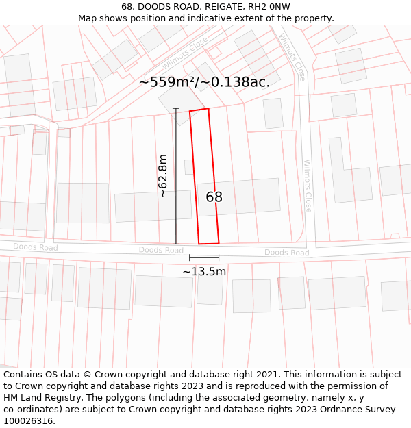 68, DOODS ROAD, REIGATE, RH2 0NW: Plot and title map