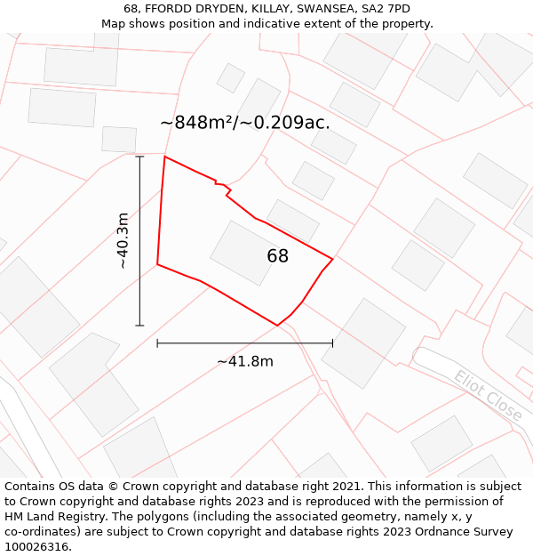 68, FFORDD DRYDEN, KILLAY, SWANSEA, SA2 7PD: Plot and title map