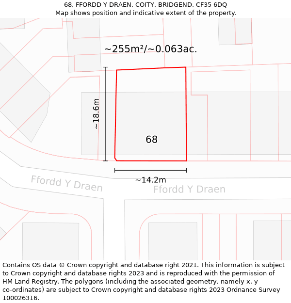 68, FFORDD Y DRAEN, COITY, BRIDGEND, CF35 6DQ: Plot and title map