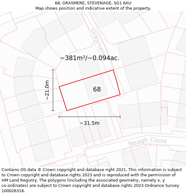 68, GRASMERE, STEVENAGE, SG1 6AU: Plot and title map