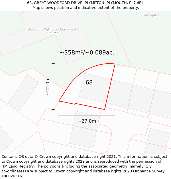 68, GREAT WOODFORD DRIVE, PLYMPTON, PLYMOUTH, PL7 4RL: Plot and title map